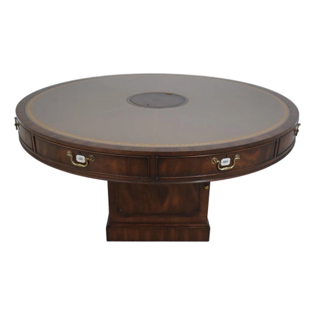 English Style Large Mahogany Round Leather Top Rent Table For Sale