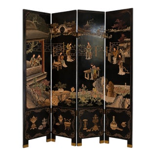 1960s Asian Coromandel-Style Black Lacquer Double-Sided Four-Panel Folding Screen For Sale