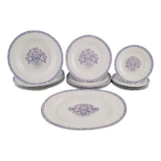 Faience Vas Serving Dish and Fifteen Plates by Wilhelm Kåge for Gustavsberg, Set of 16 For Sale