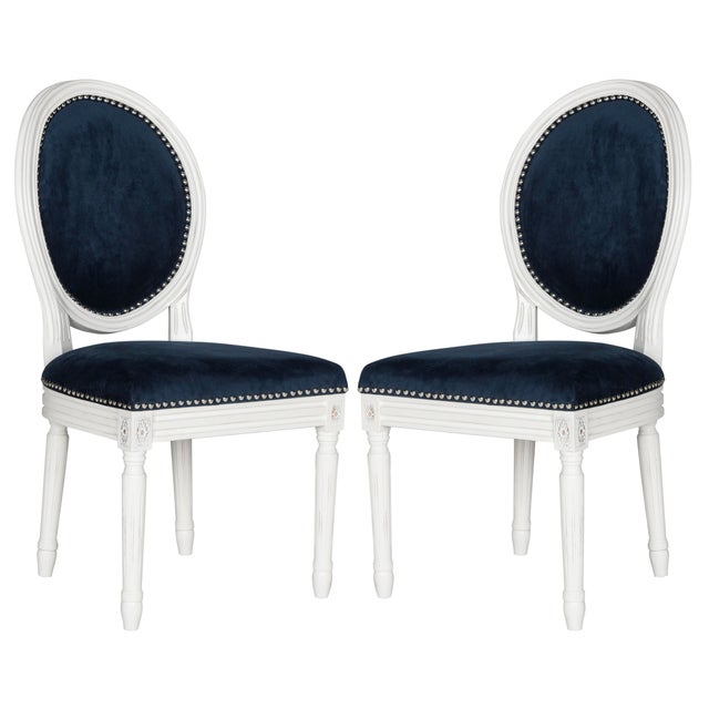 Wood 19''H French Brasserie Velvet Oval Side Chair With Silver Nailheads in Navy & Cream - a Pair For Sale - Image 7 of 7