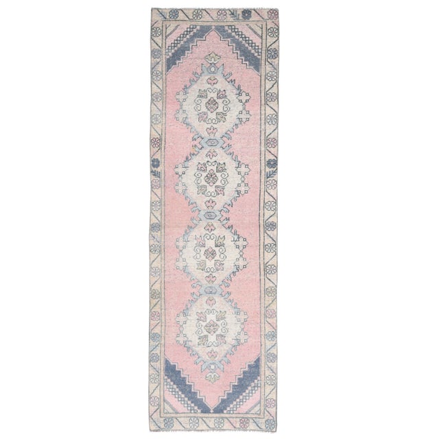 Vintage Turkish Hand-Knotted Wool Cotton Pink Runner Rug For Sale - Image 11 of 11