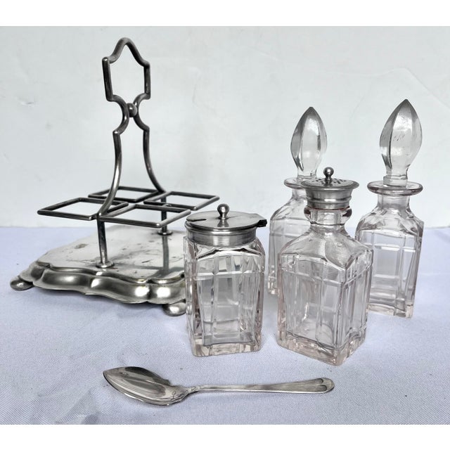 Late 1800s Victorian Silver and Cut Crystal Cruet Set With Carrier For Sale - Image 4 of 14