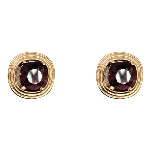 Vintage 1980s Signed Henkel & Grosse Goldtone Faux-Amethyst Clip Earrings-2 Pieces For Sale