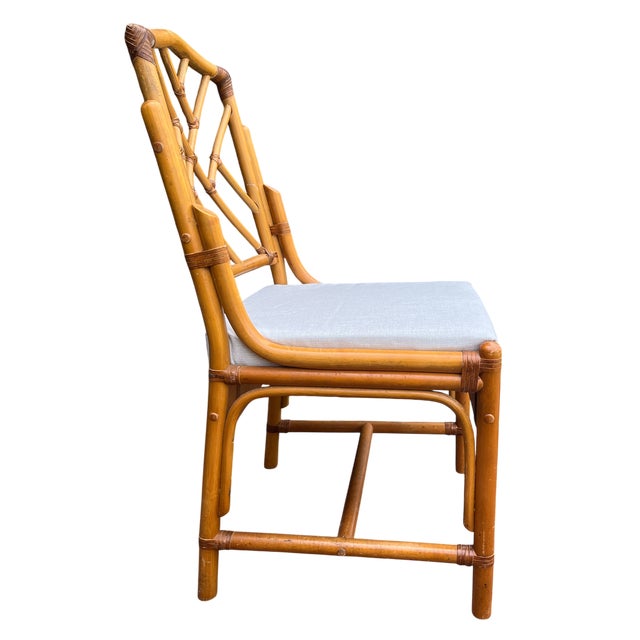 Wood Vintage Set of 4 Chinese Chippendale Bamboo Dining Chairs With Lattice Backs For Sale - Image 7 of 16
