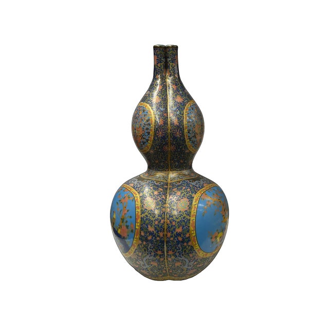 Oriental Purple Blue Gourd Shape Floral Graphic Porcelain Art Vase For Sale - Image 14 of 18