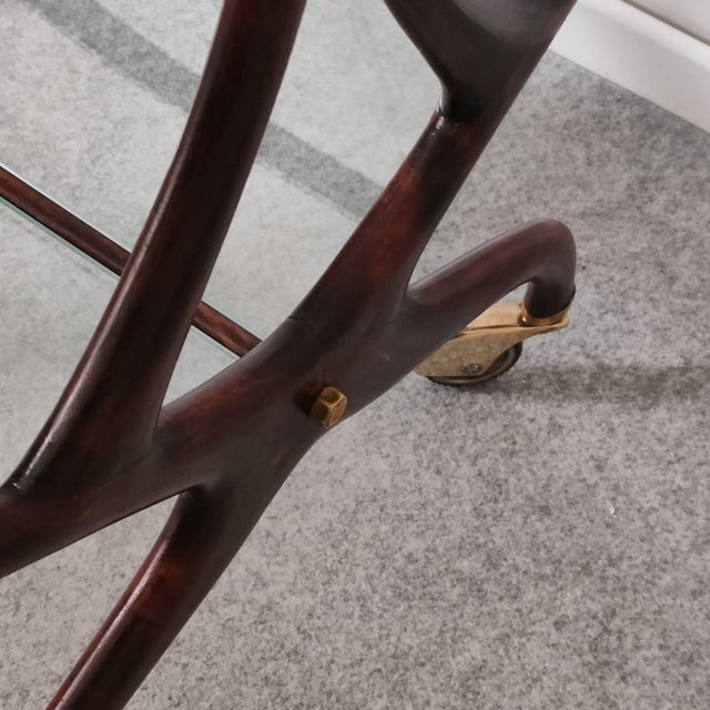 1950s Italian Wood, Glass and Brass Bar Cart With Magazine Rack, Attributed to Cesare Lacca For Sale - Image 10 of 11