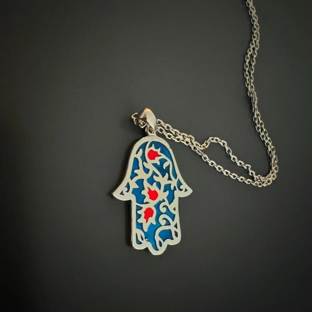 Metal Sterling Silver Blue & Red Enamel Hamsa Hand Necklace For Sale - Image 7 of 8