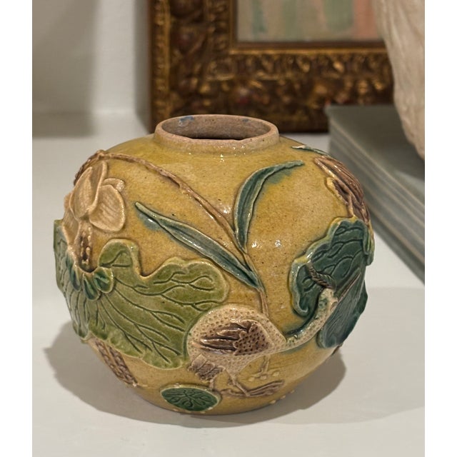 Antique Chinese Mustard Glazed Pottery Lotus & Crane Relief Vase / Ginger Jar For Sale - Image 4 of 16