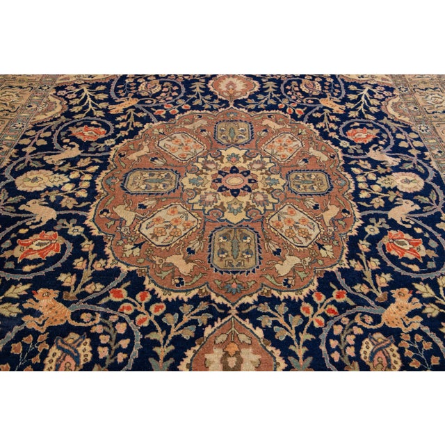 Textile Medallion Antique Wool Rug Persian Tabriz in Navy Blue For Sale - Image 7 of 9