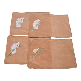 1950s Equestrian Linen Cocktail Napkins - Set of 4 For Sale