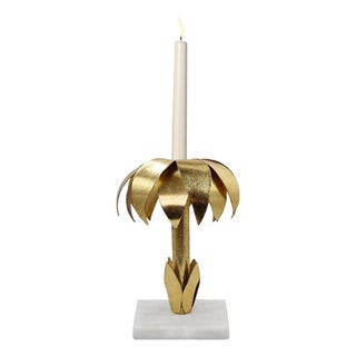 Matthew Izzo Home Palmy Iron Palm Tree Gold Leaf Candle Holder on White Marble Base For Sale