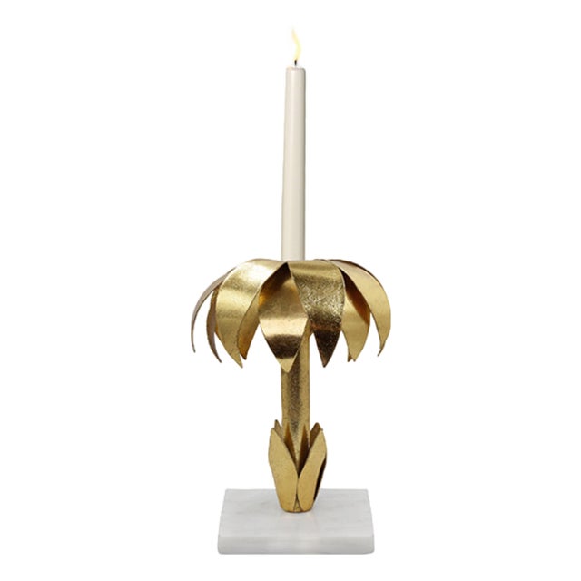 Matthew Izzo Home Palmy Iron Palm Tree Gold Leaf Candle Holder on White Marble Base For Sale