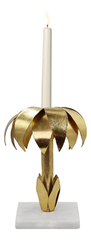 Matthew Izzo Home Palmy Iron Palm Tree Gold Leaf Candle Holder on White Marble Base