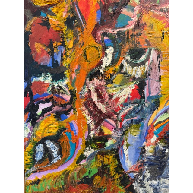 A powerful original abstract expressionist oil painting featuring bold impasto texture and richly layered color, signed by...