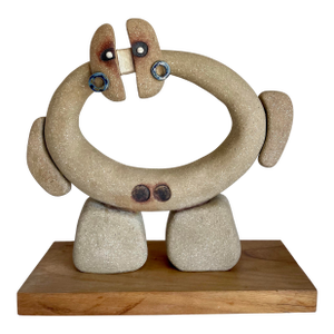 Original Studio Ceramic Sculpture, Figural Rock-Like Stone Figure on Wood Base