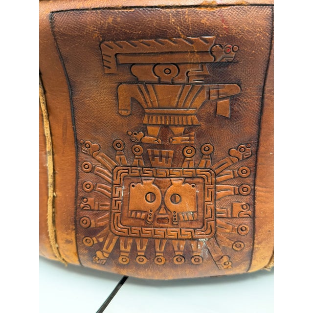 Chestnut Vintage Peruvian Hand-Tooled Leather Ottoman For Sale - Image 8 of 17