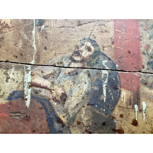 Wood Antique 18th Century European Oil Painting on Wood – Warriors & Clergy Scene, 20” × 12” For Sale - Image 7 of 12