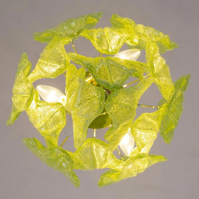 Chartreuse Light Green Suspension Chandelier with Murano Glass Leaves, Italy, 1990s For Sale - Image 8 of 10