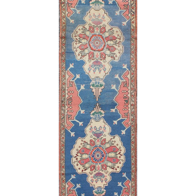 Grand Dual Medallion Oushak Vintage Runner From Turkey in Red and Blue For Sale - Image 4 of 9