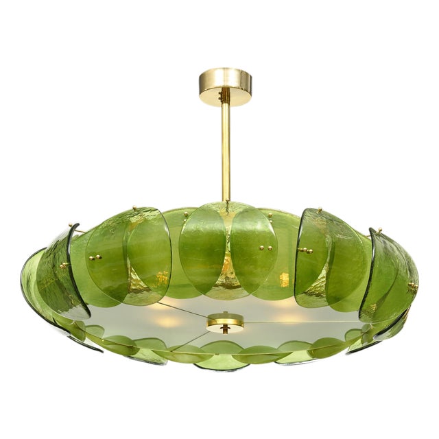 Venetian Glass, Impressive Drum Chandelier, Green, Murano, Italy For Sale