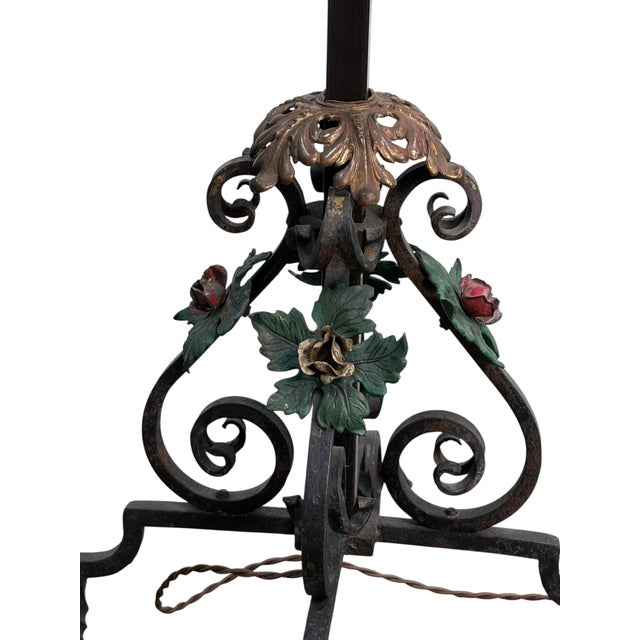Spanish Revival 1910s Elaborate Bent Brass and Wrought Iron Spanish Revival Floor Lamp With Golden Mica Shade For Sale - Image 3 of 11
