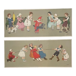 Original Antique German Art Nouveau Children Playing Games Tug O War Lithographs