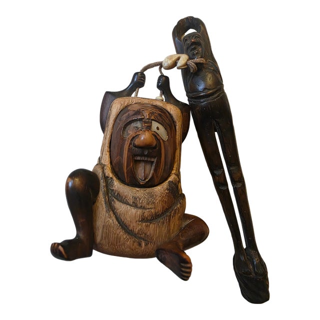 Vintage Hand-Carved Wooden Figurine – Tribal / Japanese-Inspired Folk Art Sculpture For Sale