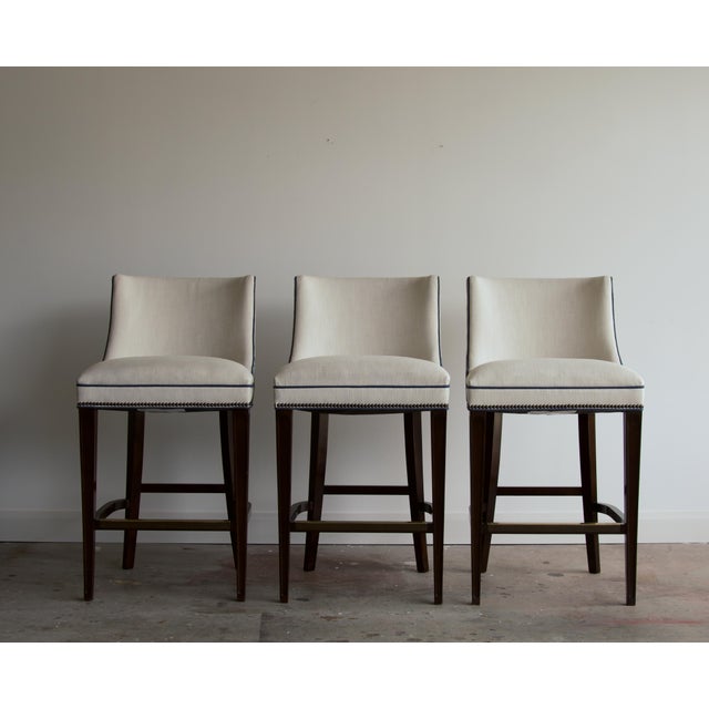 Early 21st Century Two-Tone Linen and Stripe Bar Stools With Brass Footrails by Wesley Hall, Set of 3 For Sale - Image 5 of 6