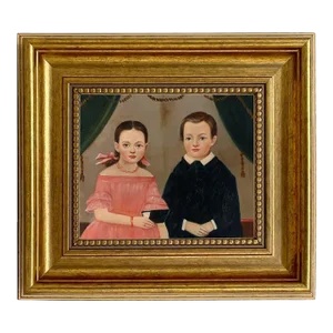 Girl in Pink With Brother, Framed Oil Painting Print on Canvas in Antiqued Gold Frame