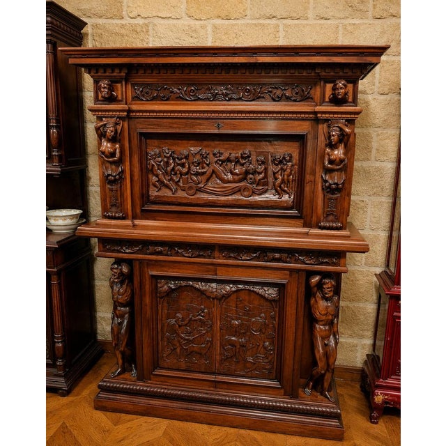 Brown 19th Century Renaissance Drop-Front Secretary Desk, 1890s For Sale - Image 8 of 9