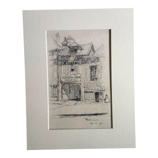 Antique 1920s Walter Church Drawing in 11x14 Mat - Aître Saint-Maclou, Rouen For Sale