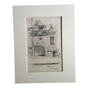 Antique 1920s Walter Church Drawing in 11x14 Mat - Aître Saint-Maclou, Rouen