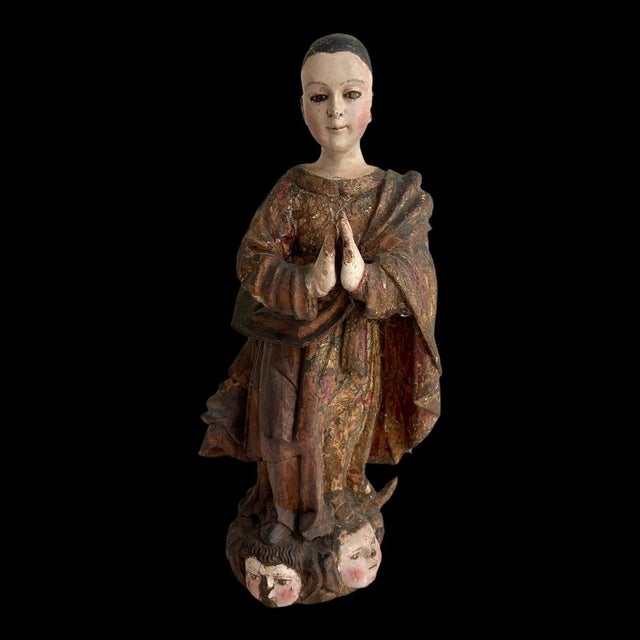 19th Century 26" Tall Portugese Virgin Mary Carved Statue For Sale - Image 4 of 12