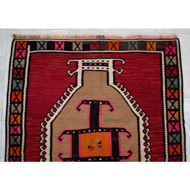 Authentic Kars Kilim Rug, Red and Earth Tone Turkish Rug, Small Living Room Kilim, Rare Personal Village Weave, 1970s Anatolian Rug 4x5 Ft Approx For Sale - Image 9 of 16