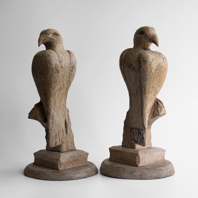 Pair of Antique French Folk Art Carved Oak Falcon Figures, Wooden Bird Sculpture For Sale - Image 9 of 14