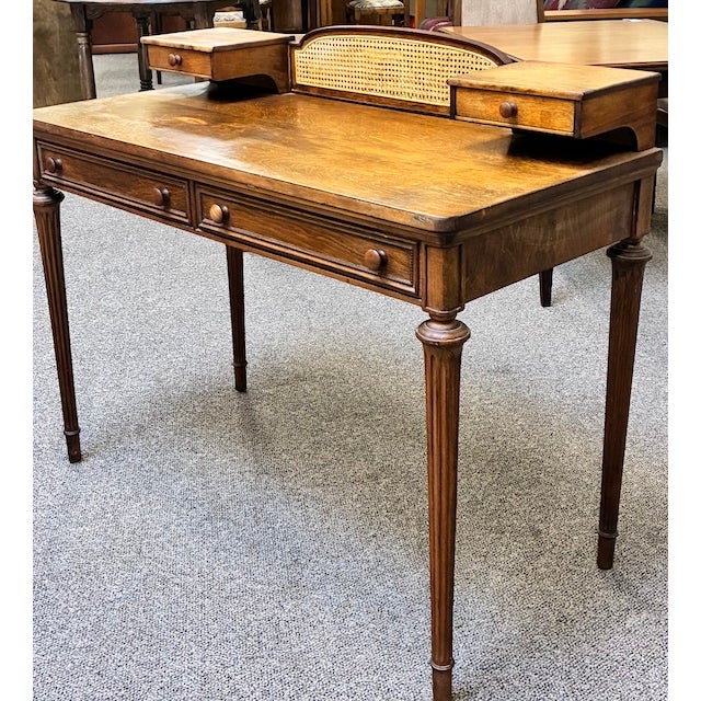 Walnut Writing Desk With Drawers and Wicker Accents With Complimentary Matching Wooden Wicker Chair For Sale - Image 11 of 13