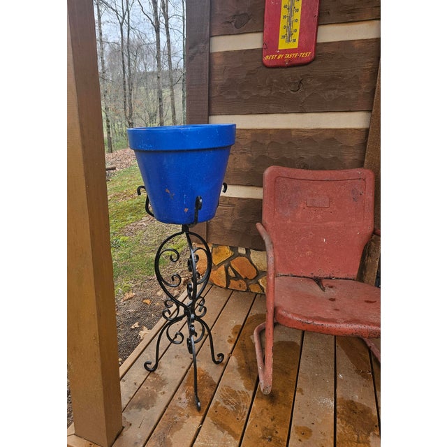 This solid wrought iron plant stand has been sandblasted and freshly repainted by Clover’s Cottage. Likely hand-forged, it...