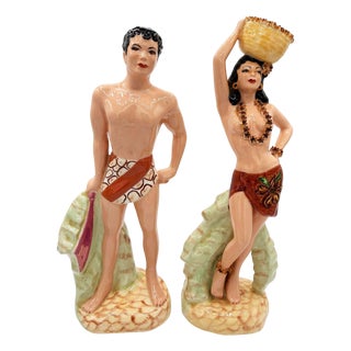Mid 20th Century Hand Painted Hawaiian Hula Girl & Native Male Ceramic Statue Set For Sale