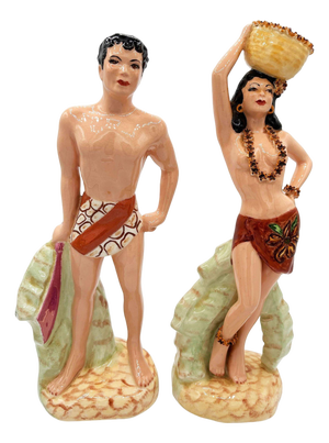 Mid 20th Century Hand Painted Hawaiian Hula Girl & Native Male Ceramic Statue Set