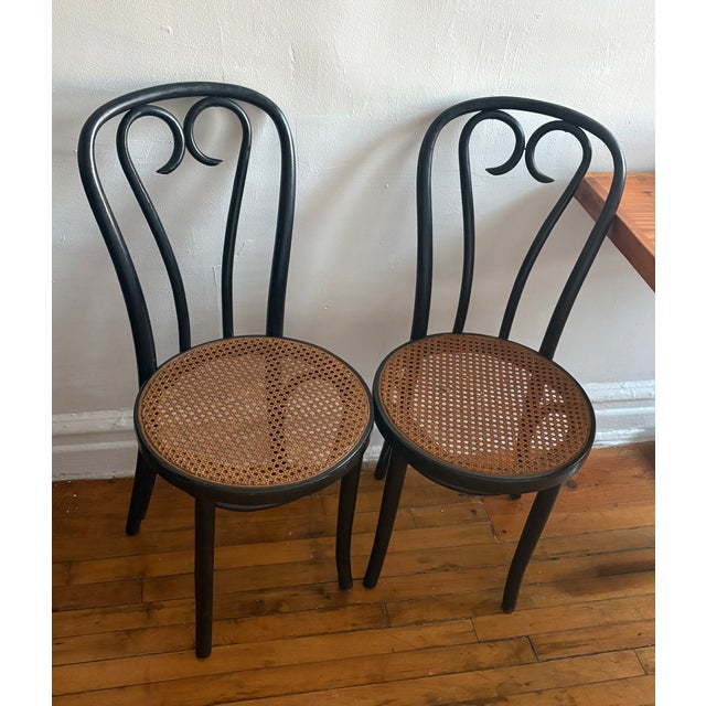 Pair of Mid 20th Century Black Bentwood Cafe Chairs With Cane Seats For Sale In New York - Image 6 of 7