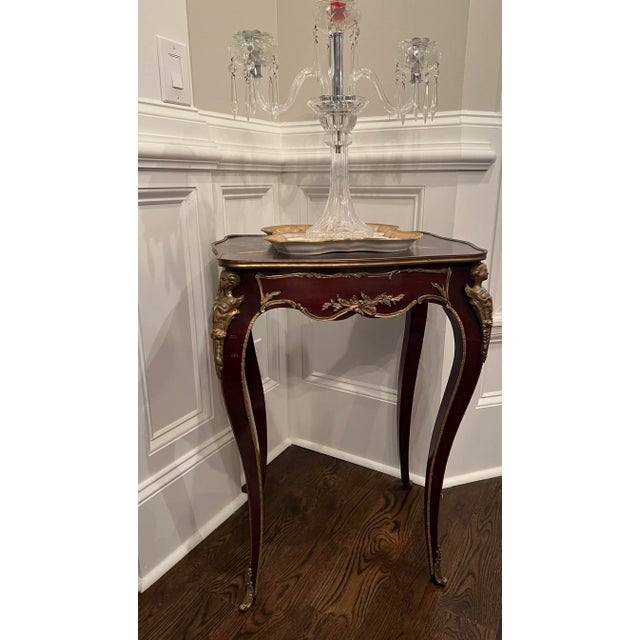 1990s Vintage French Style Painted Figures Brass Ormolu Accents Tall Table For Sale - Image 11 of 12