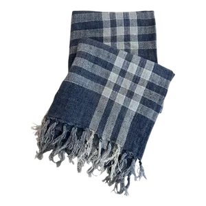 Bunny Williams for Pine Cone Hill 100% Linen Plaid Navy White Throw â€šÃ„Ã¬ Enzyme Washed Blue Tones