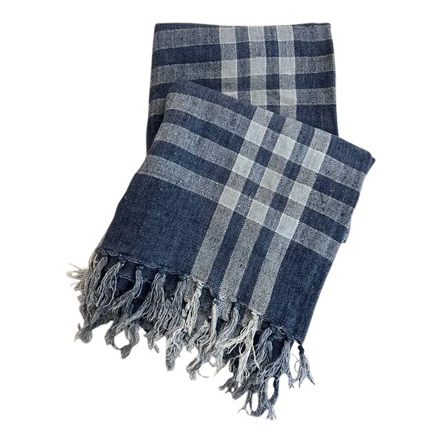 Bunny Williams Pine Cone Hill 100% Linen Plaid Navy White Throw Â€šÃ„Ã¬ Enzyme Washed Blue Tones For Sale