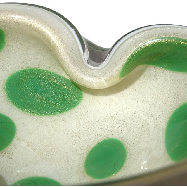 Green Vintage Murano Barbini Gold Flecks Green Spots White Italian Art Glass Folded Rim Ashtray Bowl Dish For Sale - Image 8 of 10