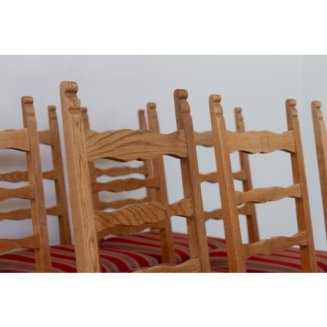 Vintage Danish Brutalist Ladder Back Oak Dining Chairs attributed to Henning Kjærnulf, 1960s, Set of 10 For Sale - Image 9 of 18