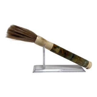 Chinese Jade Bone and Horse Hair Calligraphy Brush Hand-Carved 15 In For Sale