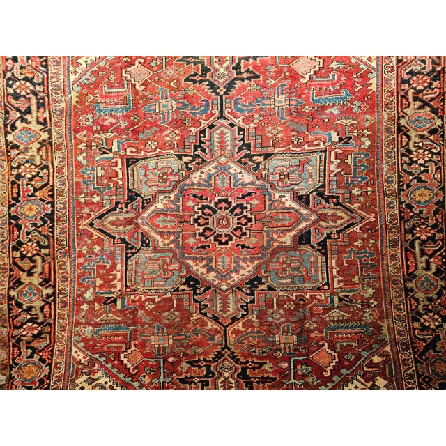 19th Century Persian Heriz Serapi Rug, Hand-Knotted Wool, Geometric Pattern, Red & Green Vegetable Dyes, 9x12 For Sale - Image 10 of 13