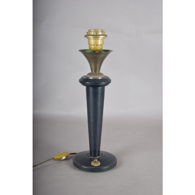 Metal Navy Blue Leather and Brass Table Lamp with Pleated Shade, 1950s For Sale - Image 7 of 18