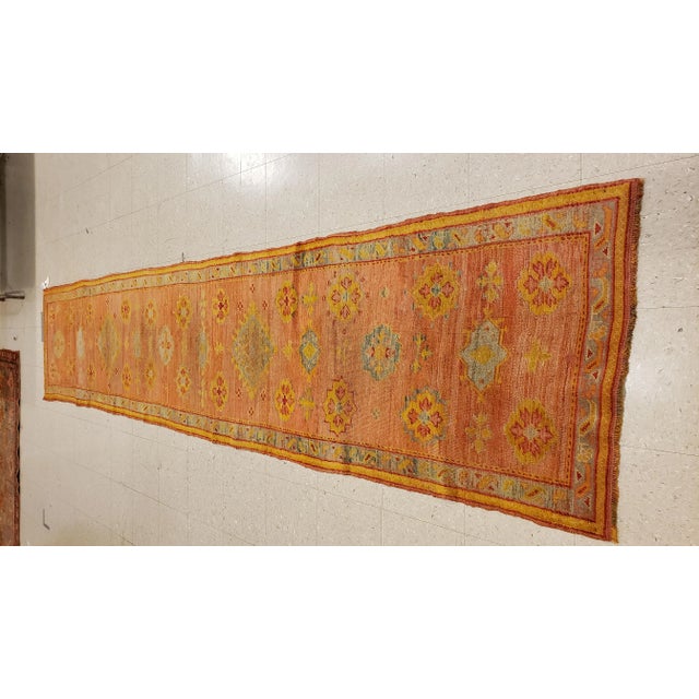 Antique Oushak Runner, Turkish Oriental Rug, Handmade Peach, Yellow, Light Blue For Sale - Image 9 of 10