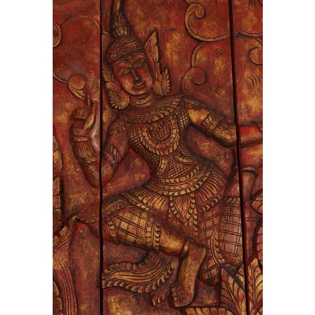 Monumental Vintage Thai Hand-Carved Wood Kinnari Wall Panel, Red and Gold For Sale - Image 9 of 15